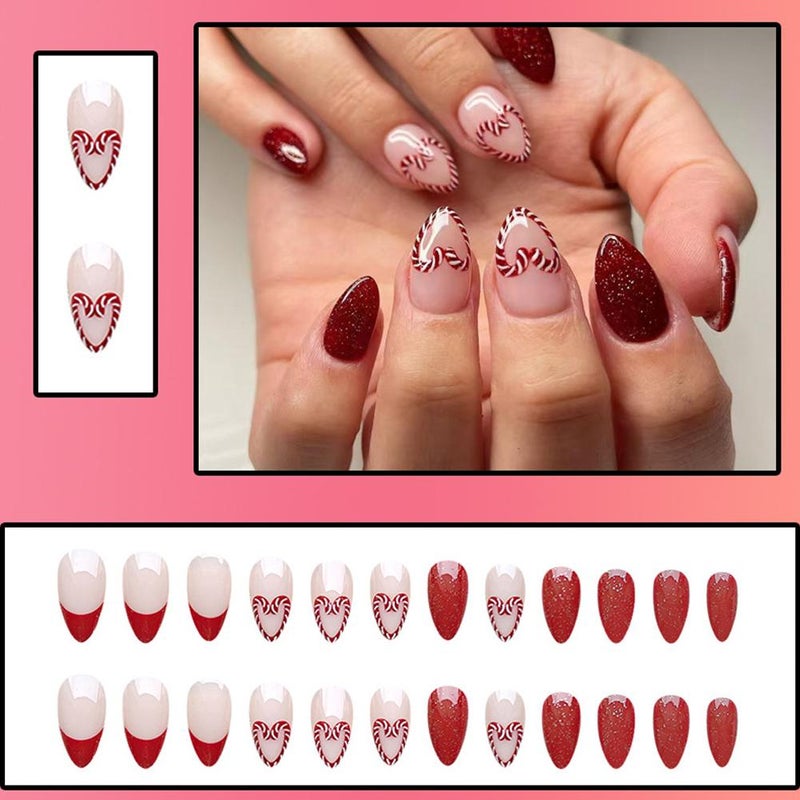 Christmas Red French Glossy Nail Art, Cute Short Round Nail Art with False Nails